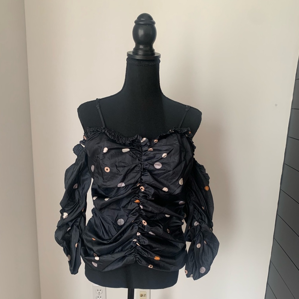 Chelsea 28 Black Ruched Off the Shoulder Semi Long Sleeve Top Polka Dot Print